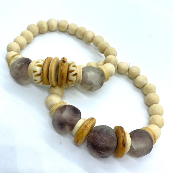 Boho Wood and Natural Beads Stretch Bracelet Pair - Picture 1 of 6